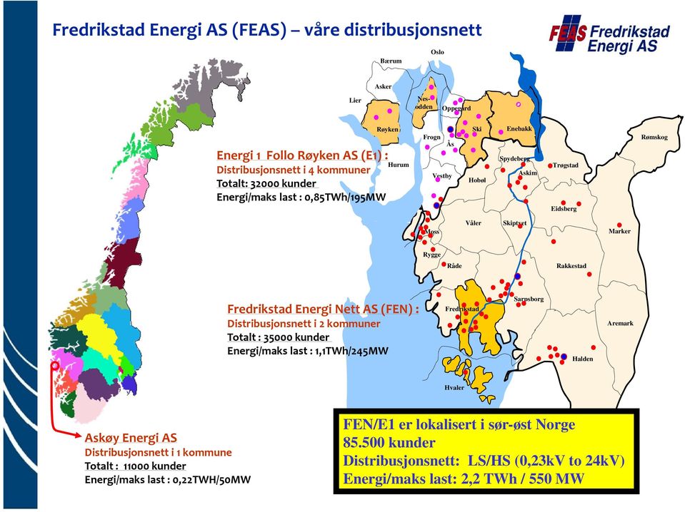 Nett AS (FEN) : Distribusjonsnett i 2 kommuner Totalt : 35000 kunder Energi/maks last : 1,1TWh/245MW Fredrikstad Sarpsborg Halden Aremark Hvaler Askøy Energi AS Distribusjonsnett i 1