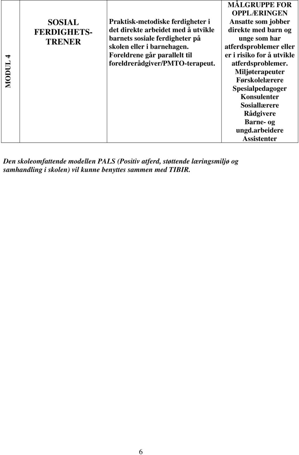 MÅLGRUPPE FOR OPPLÆRINGEN Ansatte som jobber direkte med barn og unge som har atferdsproblemer eller er i risiko for å utvikle atferdsproblemer.