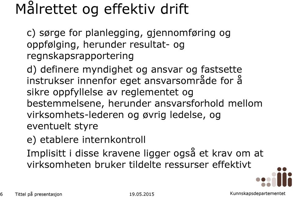 oppfyllelse av reglementet og bestemmelsene, herunder ansvarsforhold mellom virksomhets-lederen og øvrig ledelse, og