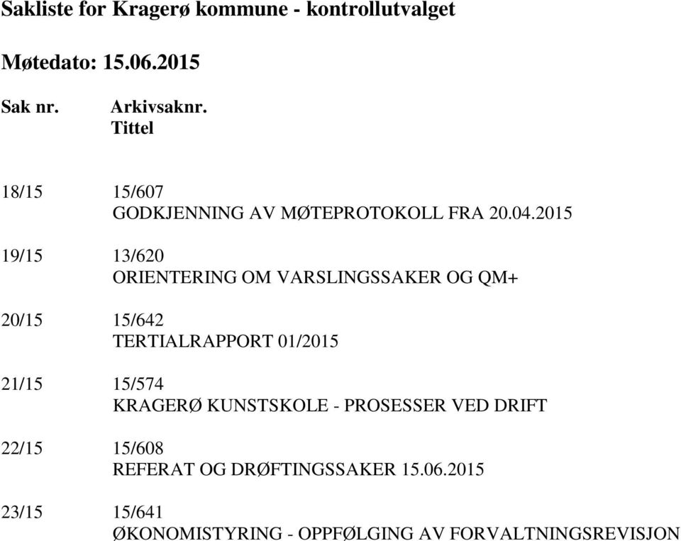 2015 19/15 13/620 ORIENTERING OM VARSLINGSSAKER OG QM+ 20/15 15/642 TERTIALRAPPORT 01/2015 21/15