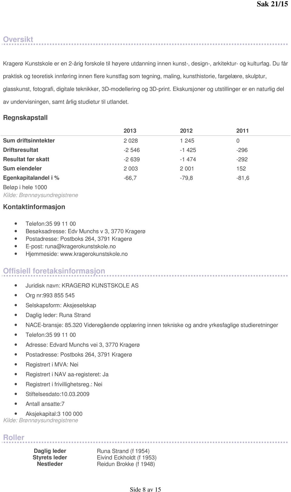 Ekskursjoner og utstillinger er en naturlig del av undervisningen, samt årlig studietur til utlandet.