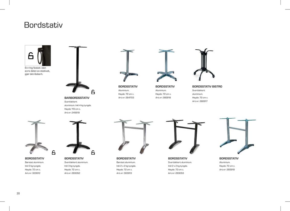 Inkl 3 kg tyngde. Høyde: 72 cm ±. Art.nr: 303912 BORDSSTATIV Svartlakkert aluminium. Inkl 3 kg tyngde. Høyde: 72 cm ±. Art.nr: 283052 BORDSSTATIV Børstet aluminium.