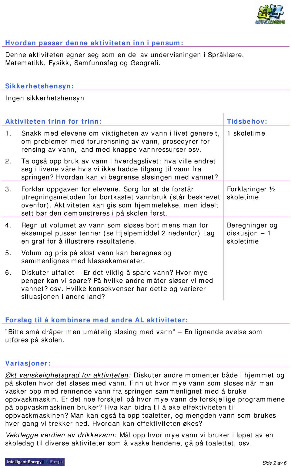 Snakk med elevene om viktigheten av vann i livet generelt, om problemer med forurensning av vann, prosedyrer for rensing av vann, land med knappe vannressurser osv. 2.