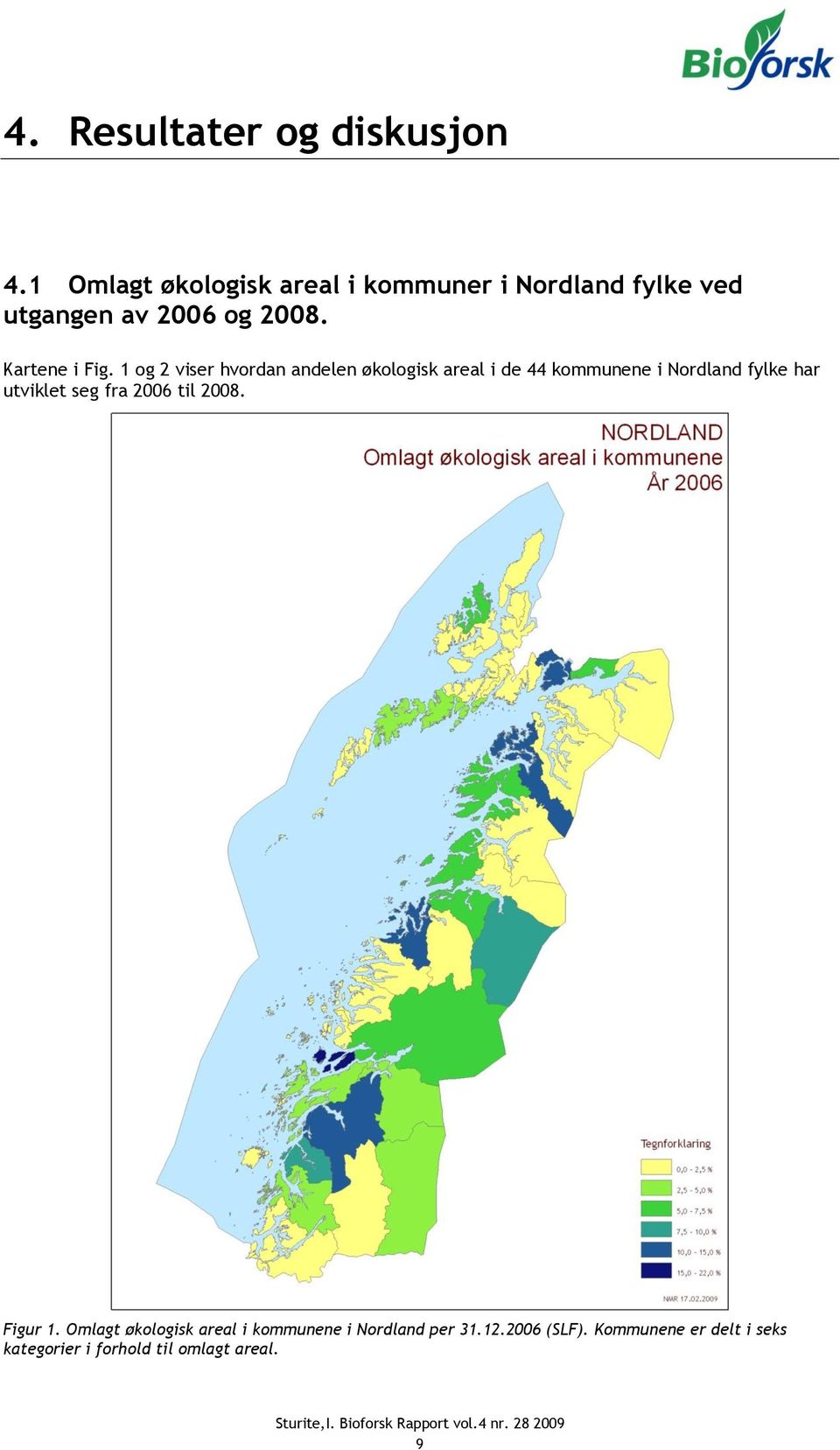 1 og 2 viser hvordan andelen økologisk areal i de 44 kommunene i Nordland fylke har utviklet seg fra 2006