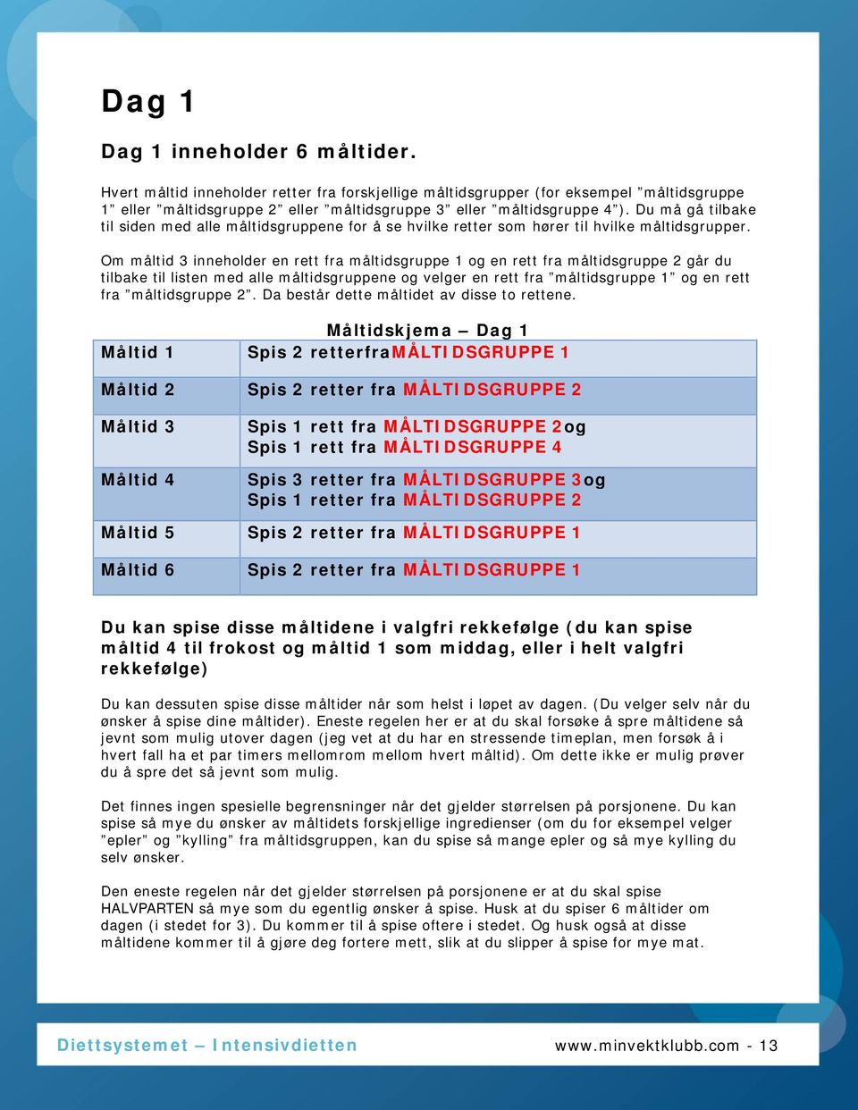 Om måltid 3 inneholder en rett fra måltidsgruppe 1 og en rett fra måltidsgruppe 2 går du tilbake til listen med alle måltidsgruppene og velger en rett fra måltidsgruppe 1 og en rett fra måltidsgruppe