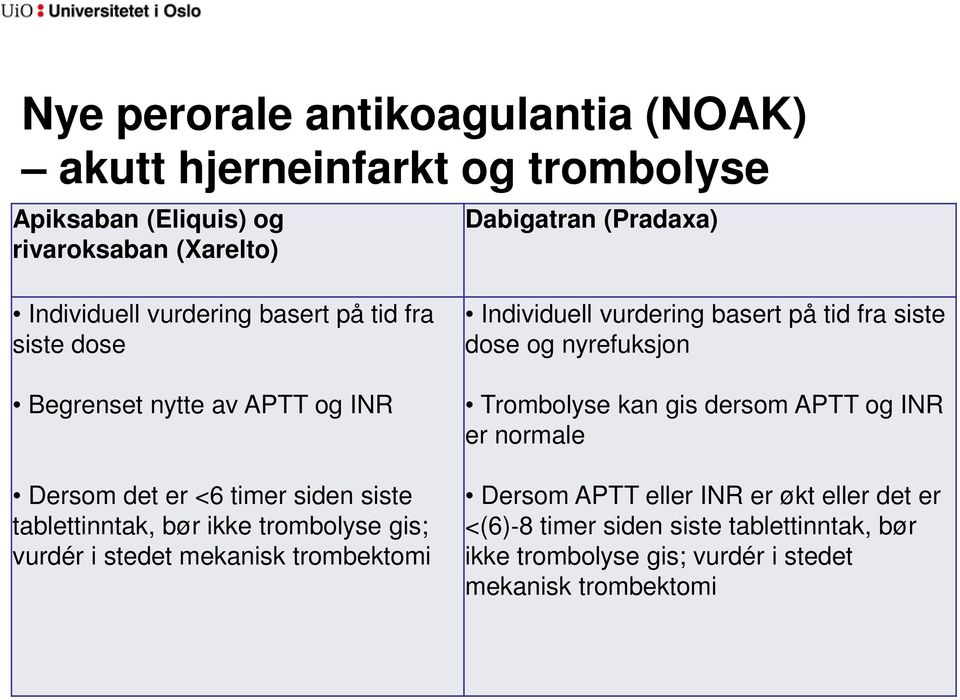 trombolyse gis; vurdér i stedet mekanisk trombektomi Individuell vurdering basert på tid fra siste dose og nyrefuksjon Trombolyse kan gis dersom