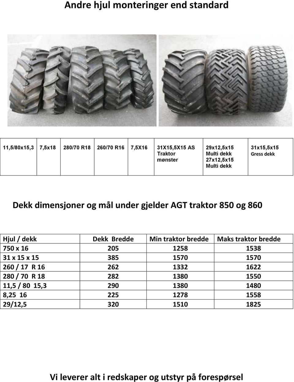 Min traktor bredde Maks traktor bredde 750 x 16 205 1258 1538 31 x 15 x 15 385 1570 1570 260 / 17 R 16 262 1332 1622 280 / 70 R 18