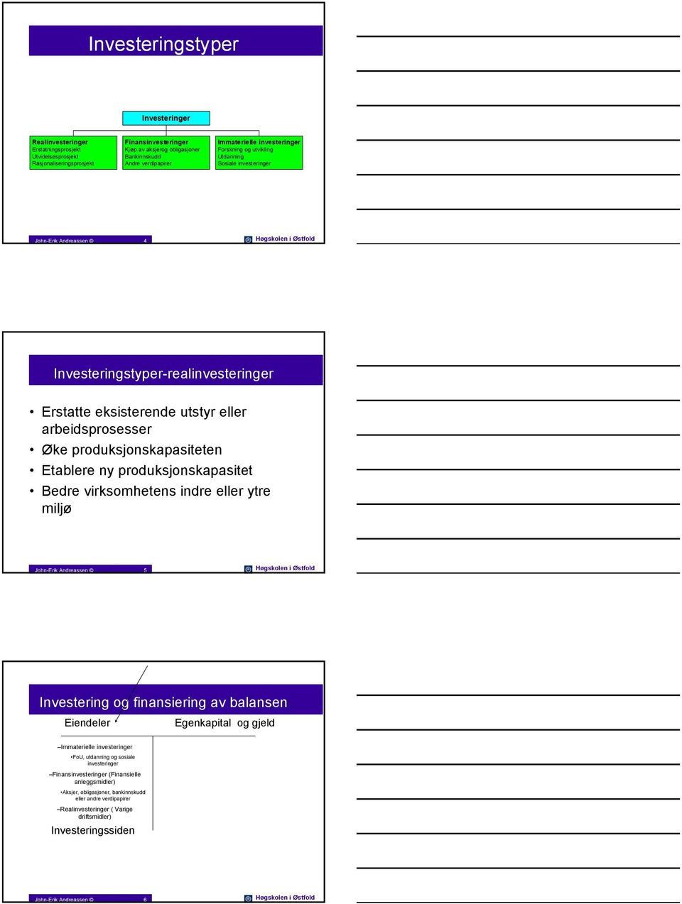 arbeidsprosesser Øke produksjonskapasiteten Etablere ny produksjonskapasitet Bedre virksomhetens indre eller ytre miljø John-Erik Andreassen 5 Høgskolen i Østfold Investering og finansiering av