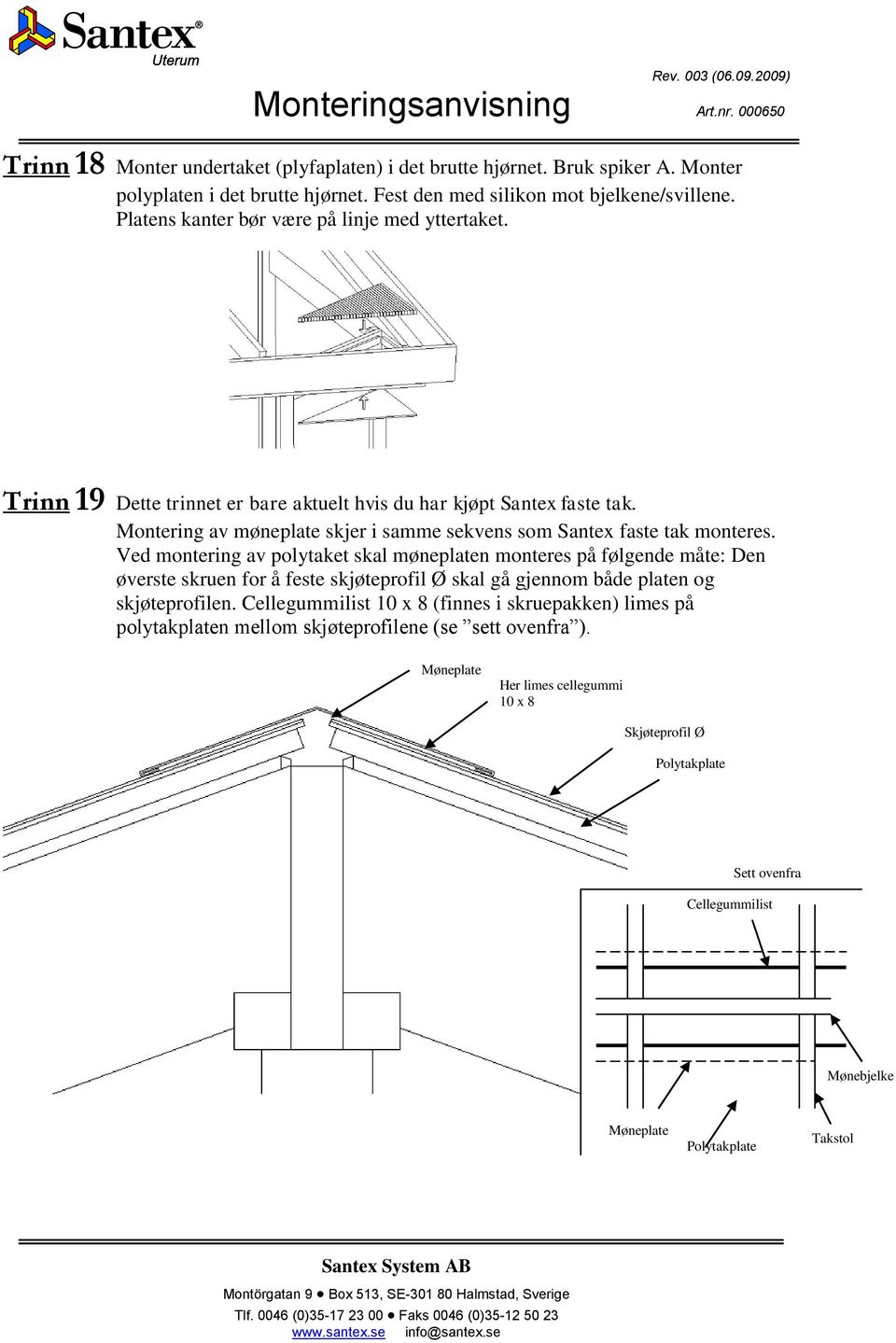 Montering av møneplate skjer i samme sekvens som Santex faste tak monteres.