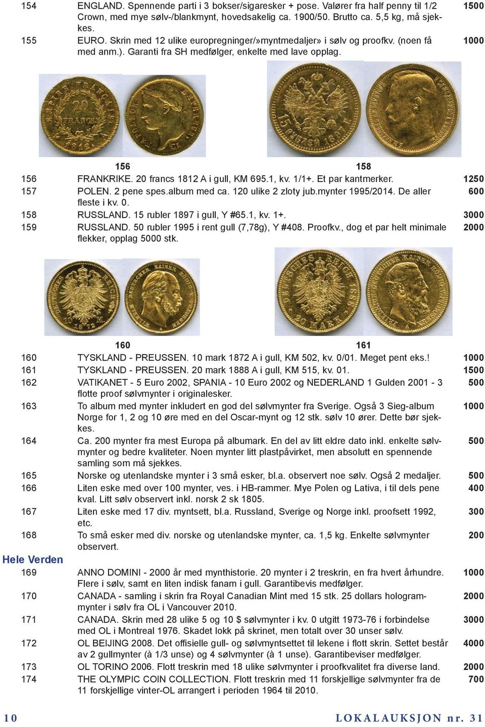 20 francs 1812 A i gull, KM 695.1, kv. 1/1+. Et par kantmerker. 1250 157 POLEN. 2 pene spes.album med ca. 120 ulike 2 zloty jub.mynter 1995/2014. De aller 600 fleste i kv. 0. 158 RUSSLAND.