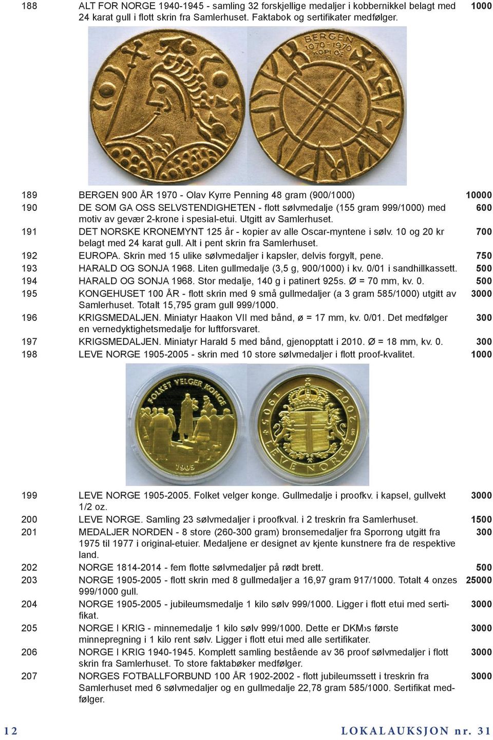 Utgitt av Samlerhuset. 191 DET NORSKE KRONEMYNT 125 år - kopier av alle Oscar-myntene i sølv. 10 og 20 kr 700 belagt med 24 karat gull. Alt i pent skrin fra Samlerhuset. 192 EUROPA.