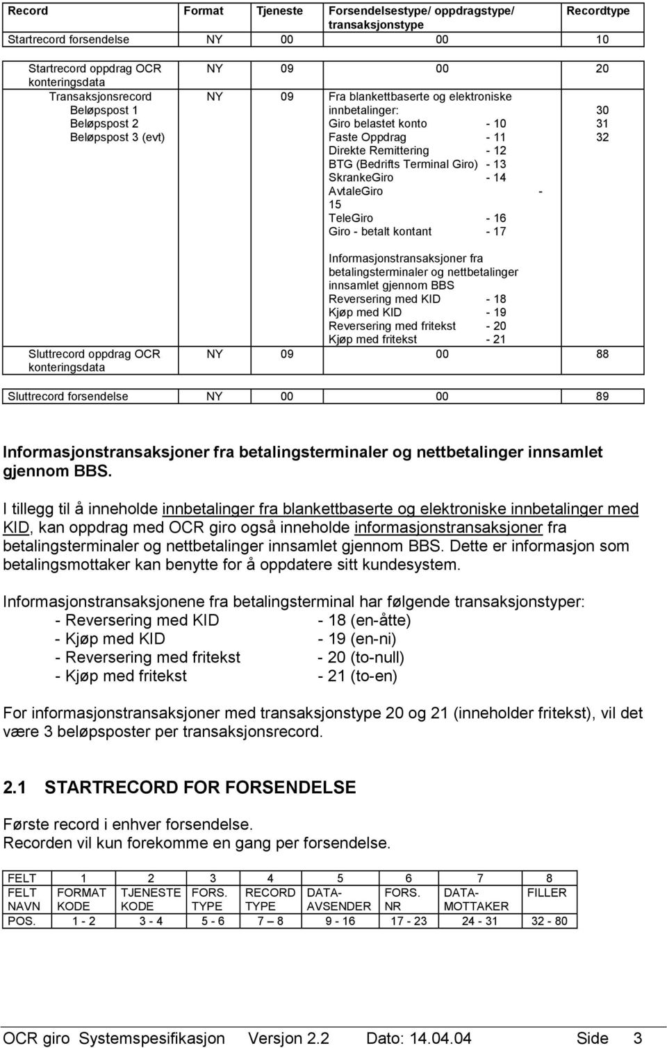 Remittering - 12 BTG (Bedrifts Terminal Giro) - 13 SkrankeGiro - 14 AvtaleGiro - 15 TeleGiro - 16 Giro - betalt kontant - 17 Informasjonstransaksjoner fra betalingsterminaler og nettbetalinger