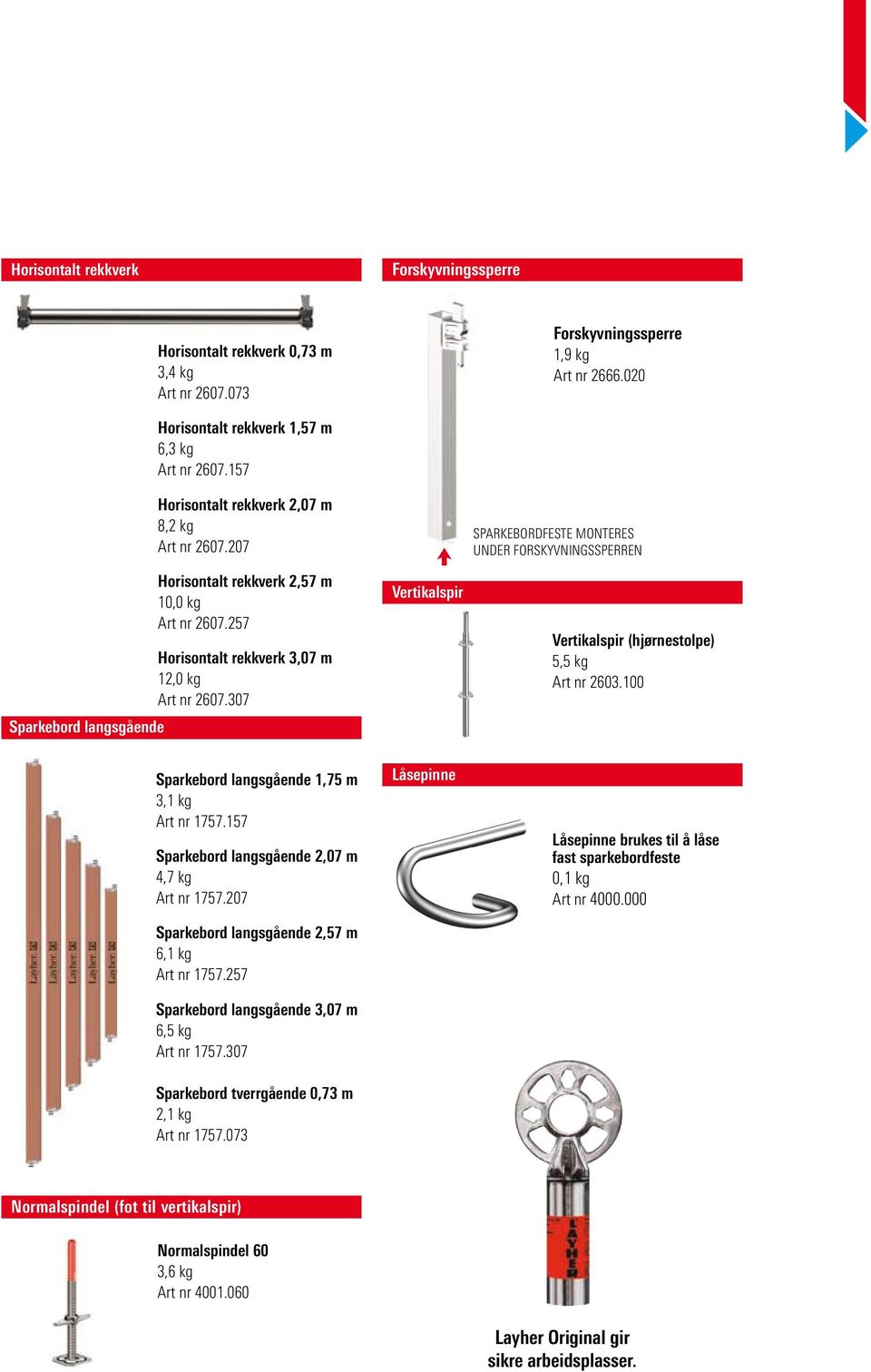 307 Vertikalspir SPARKEBRDFESTE MNTERES UNDER FRSKYVNINGSsPERREN Vertikalspir (hjørnestolpe) 5,5 kg Art nr 2603.100 Sparkebord langsgående 1,75 m 3,1 kg Art nr 1757.