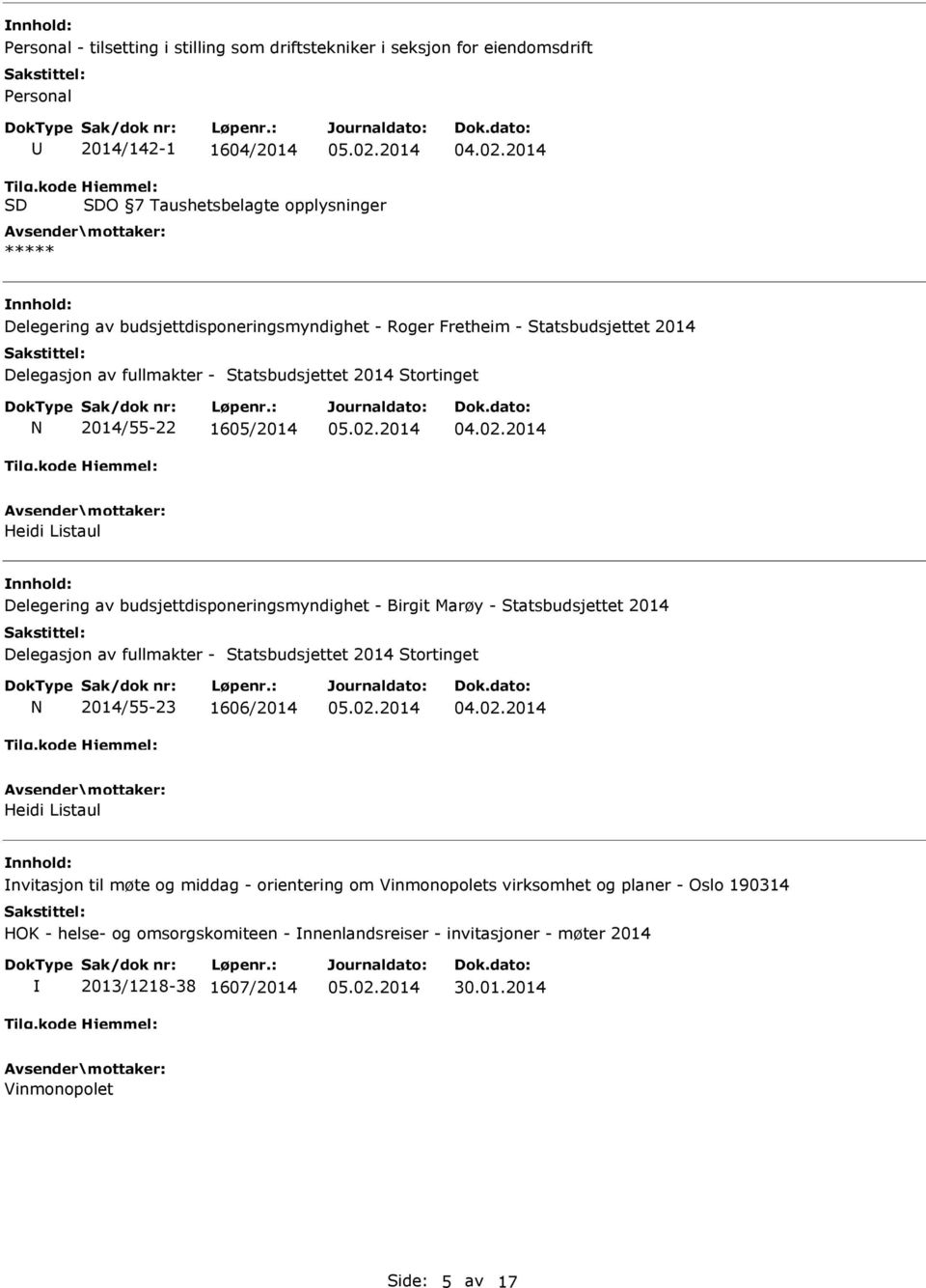 budsjettdisponeringsmyndighet - Birgit Marøy - Statsbudsjettet 2014 Delegasjon av fullmakter - Statsbudsjettet 2014 Stortinget N 2014/55-23 1606/2014 Heidi Listaul nvitasjon til møte