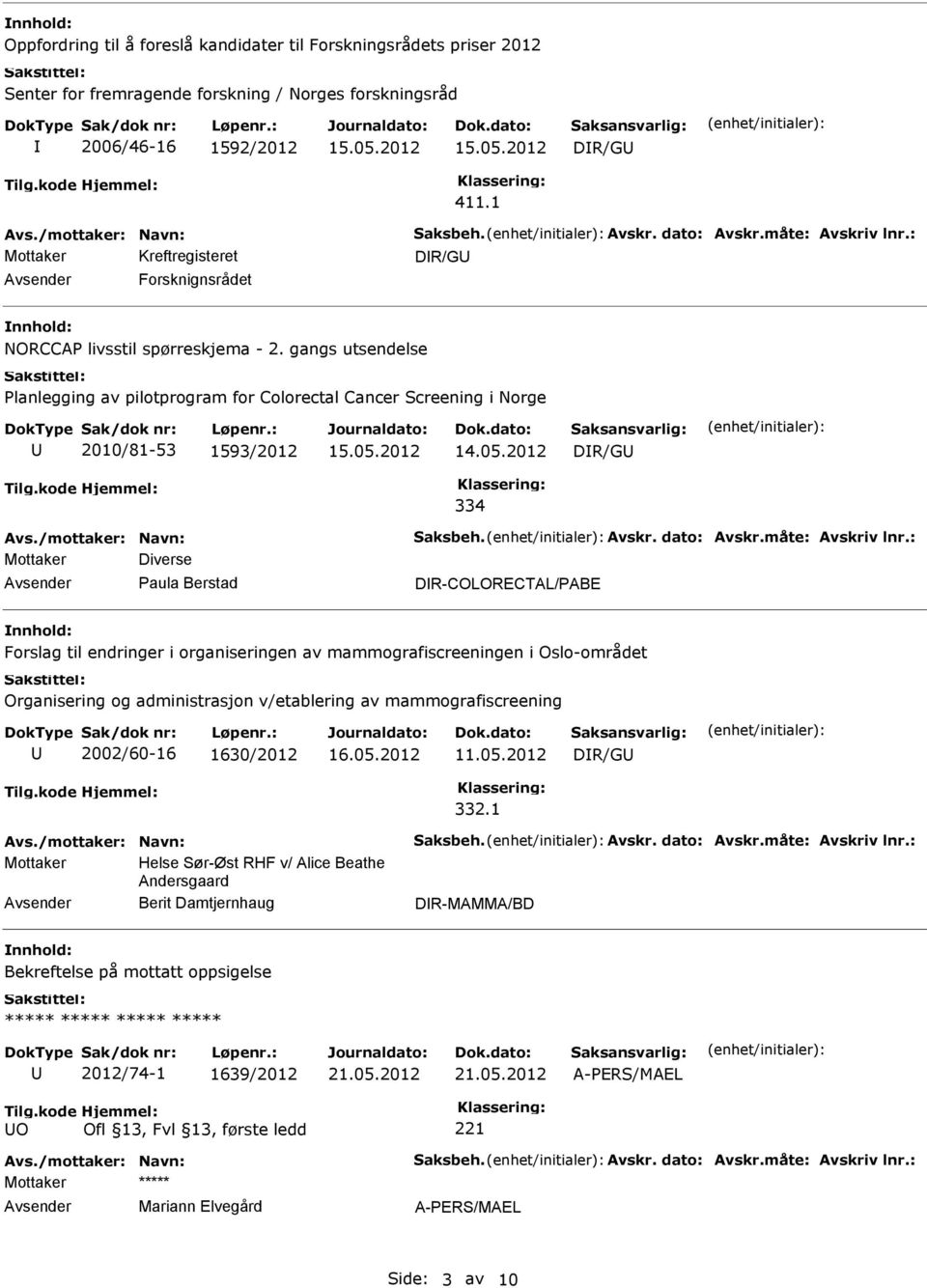 2012 DR/G 334 Mottaker Diverse Paula Berstad DR-COLORECTAL/PABE Forslag til endringer i organiseringen av mammografiscreeningen i Oslo-området Organisering og administrasjon v/etablering av