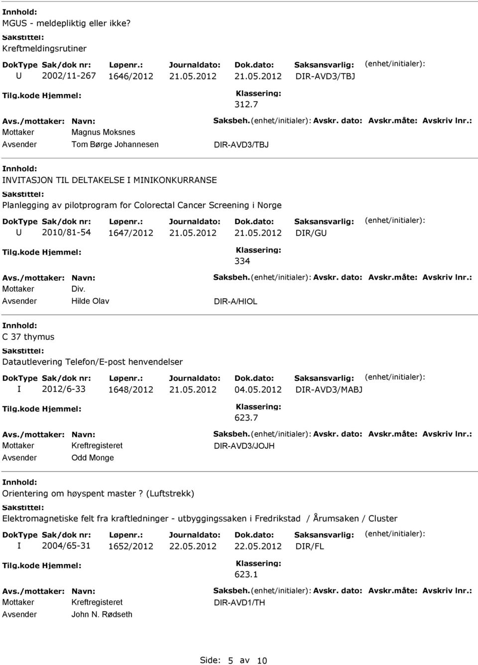 2010/81-54 1647/2012 DR/G 334 Mottaker Div. Hilde Olav DR-A/HOL C 37 thymus Datautlevering Telefon/E-post henvendelser 2012/6-33 1648/2012 04.05.