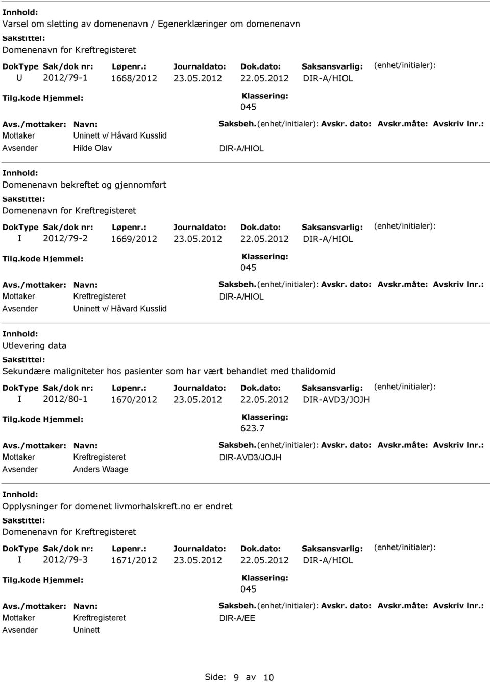 v/ Håvard Kusslid tlevering data Sekundære maligniteter hos pasienter som har vært behandlet med thalidomid 2012/80-1 1670/2012 DR-AVD3/JOJH