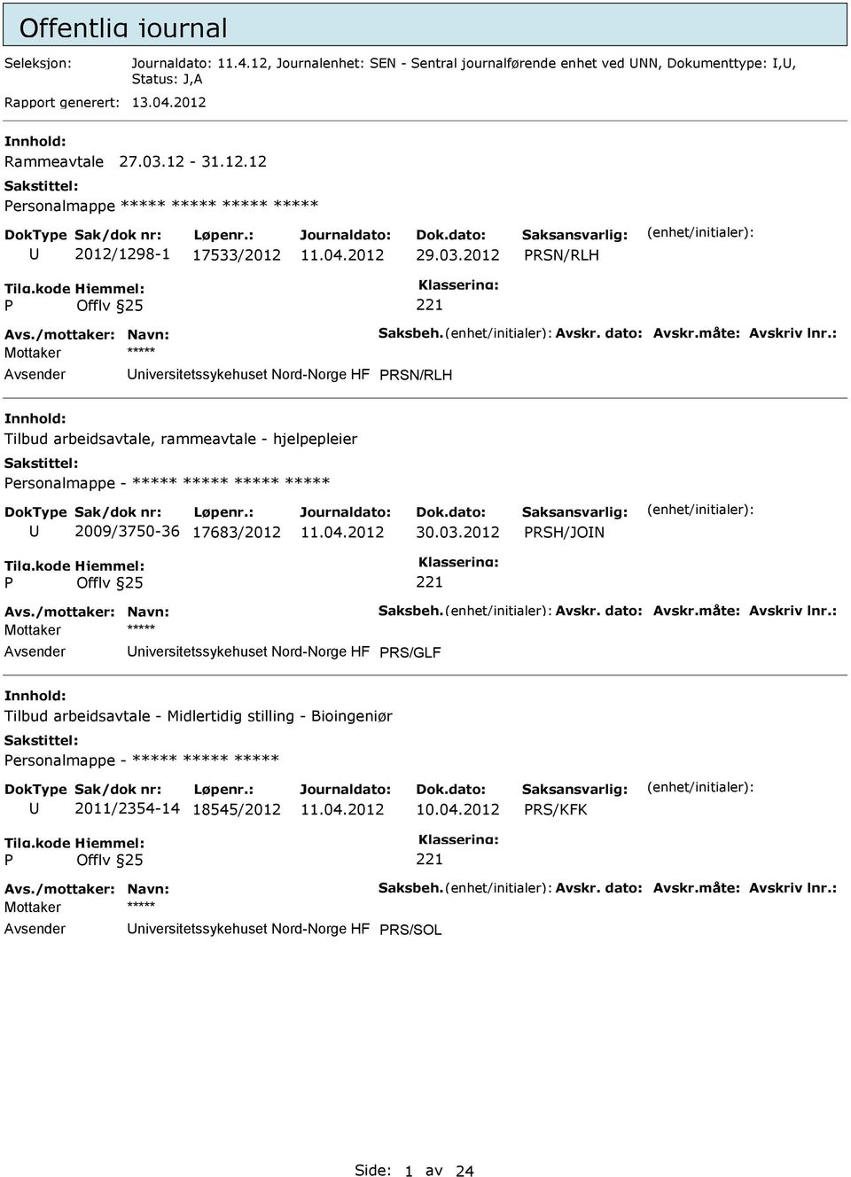 : RSN/RLH Tilbud arbeidsavtale, rammeavtale - hjelpepleier ersonalmappe - ***** ***** ***** ***** 2009/3750-36 17683/2012 30.03.2012 RSH/JON Avs./mottaker: Navn: Saksbeh. Avskr.