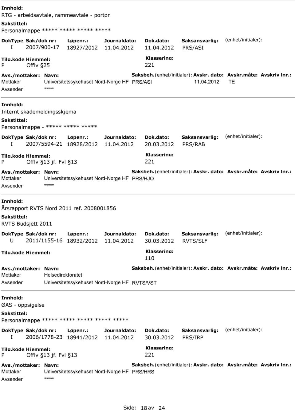 : Mottaker RS/HJO Årsrapport RVTS Nord 2011 ref. 2008001856 RVTS Budsjett 2011 2011/1155-16 18932/2012 30.03.2012 RVTS/SLF 110 Avs./mottaker: Navn: Saksbeh. Avskr. dato: Avskr.måte: Avskriv lnr.