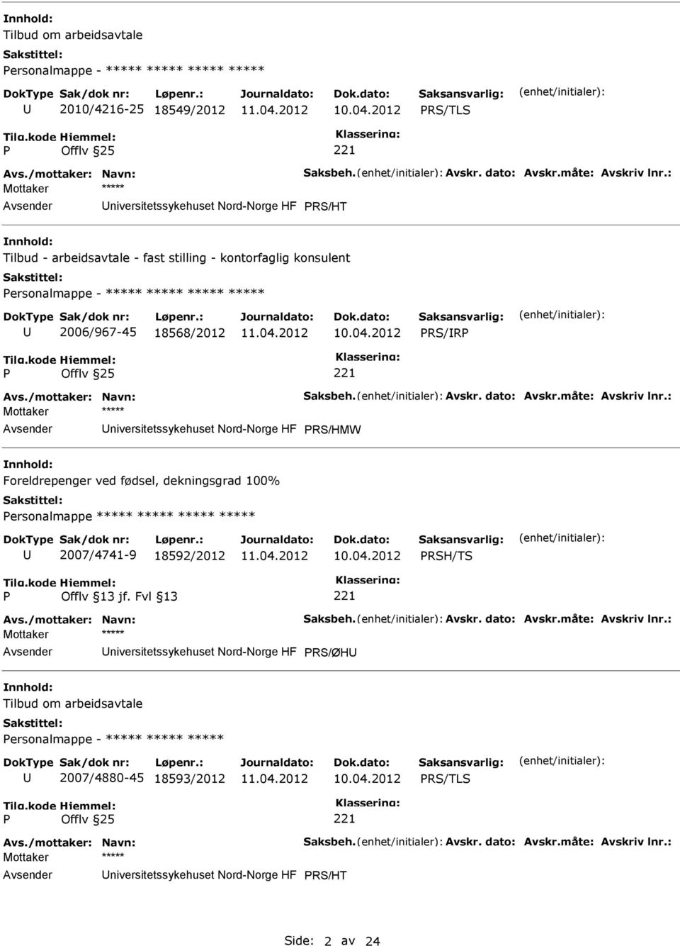 dato: Avskr.måte: Avskriv lnr.: RS/HMW Foreldrepenger ved fødsel, dekningsgrad 100% ersonalmappe ***** ***** ***** ***** 2007/4741-9 18592/2012 RSH/TS Avs./mottaker: Navn: Saksbeh.