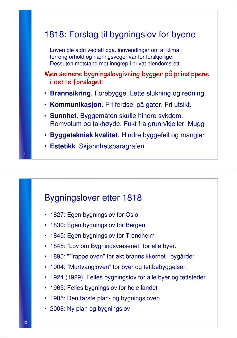 Fri ferdsel på gater. Fri utsikt. Sunnhet. Byggemåten skulle hindre sykdom. Romvolum og takhøyde. Fukt fra grunn/kjeller. Mugg Byggeteknisk kvalitet. Hindre byggefeil og mangler Estetikk.