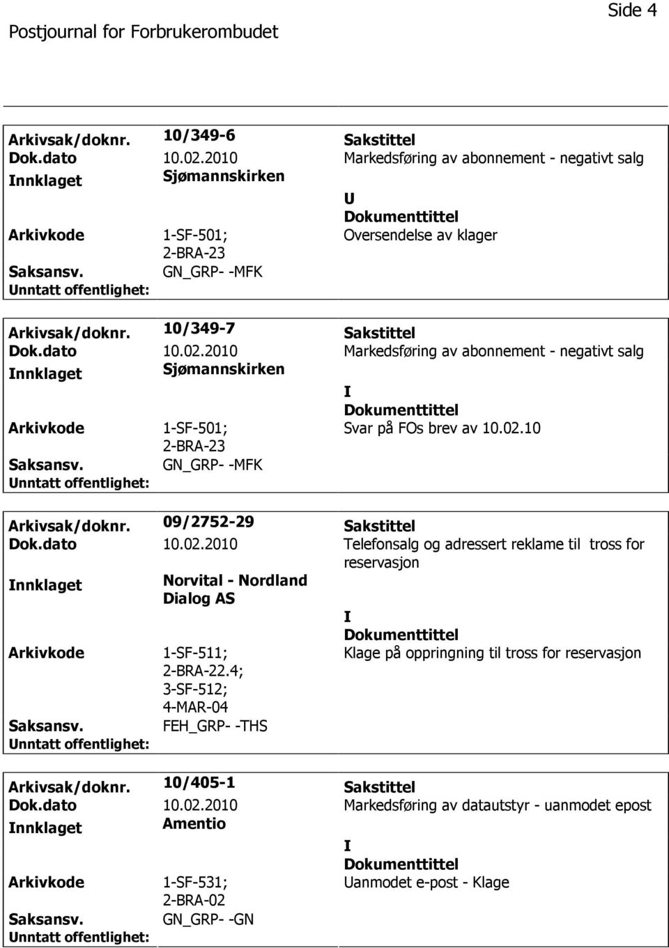 2010 Markedsføring av abonnement - negativt salg nnklaget Sjømannskirken 1-SF-501; Svar på FOs brev av 10.02.