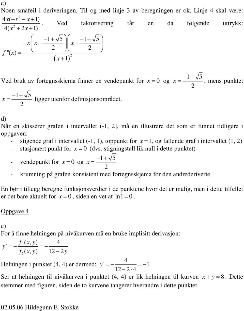 + = 5, mens punktet d) Når en skisserer grafen i intervallet (-, ], må en illustrere det som er funnet tidligere i oppgaven: - stigende graf i intervallet (-, ), toppunkt for =, og fallende graf i