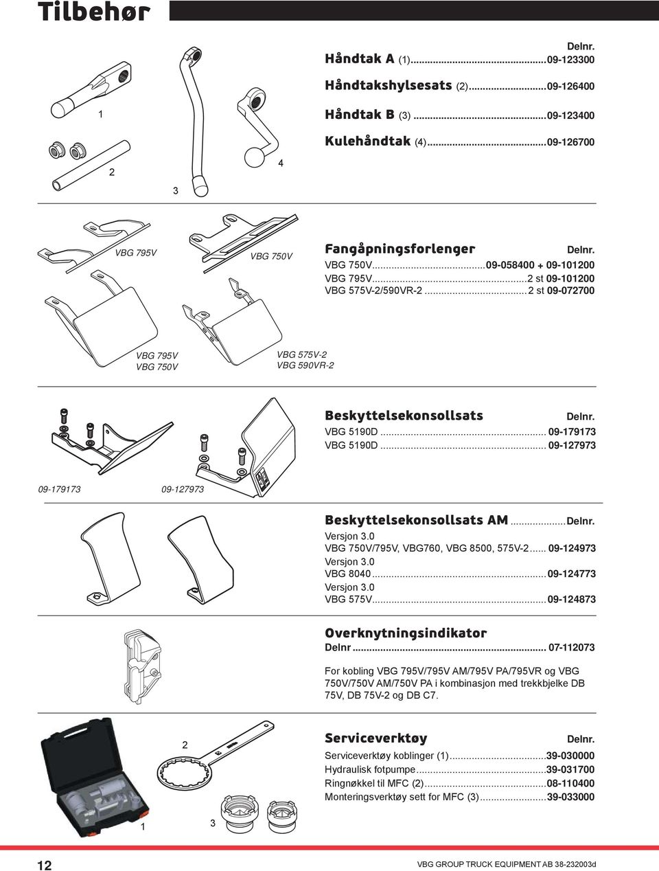 .. 09-127973 09-179173 09-127973 Beskyttelsekonsollsats AM... Delnr. Versjon 3.0... VBG 750V/795V, VBG760, VBG 8500, 575V-2... 09-124973 Versjon 3.0... VBG 8040...09-124773 Versjon 3.0... VBG 575V.