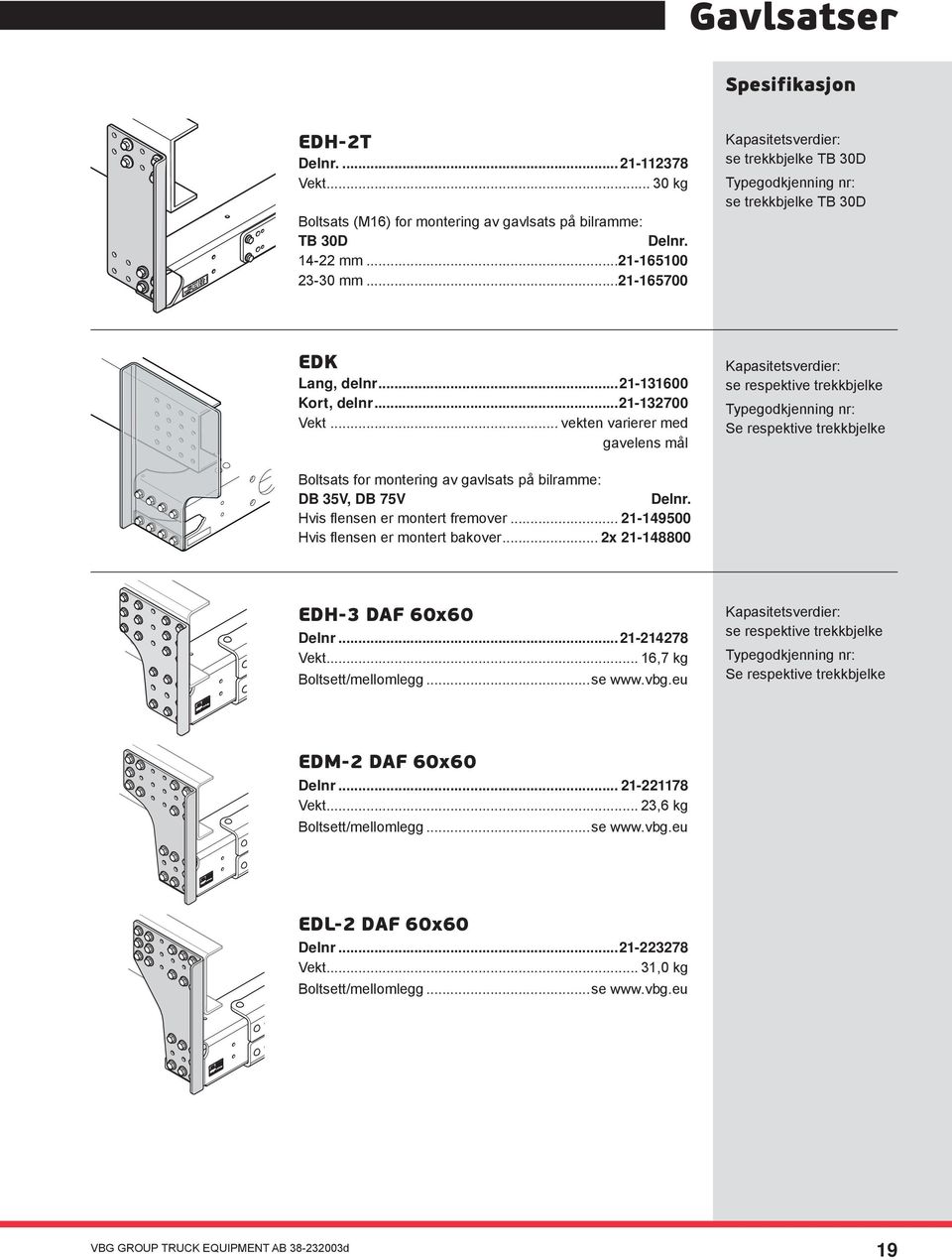 .. vekten varierer med gavelens mål Kapasitetsverdier: se respektive trekkbjelke Se respektive trekkbjelke Boltsats for montering av gavlsats på bilramme: DB 35V, DB 75V...Delnr.