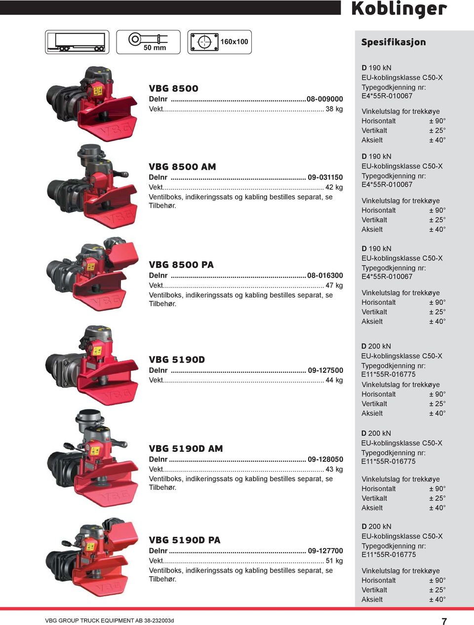 D 190 kn EU-koblingsklasse C50-X E4*55R-010067 Vinkelutslag for trekkøye Horisontalt ± 90 Vertikalt ± 25 Aksielt ± 40 D 190 kn EU-koblingsklasse C50-X E4*55R-010067 Vinkelutslag for trekkøye