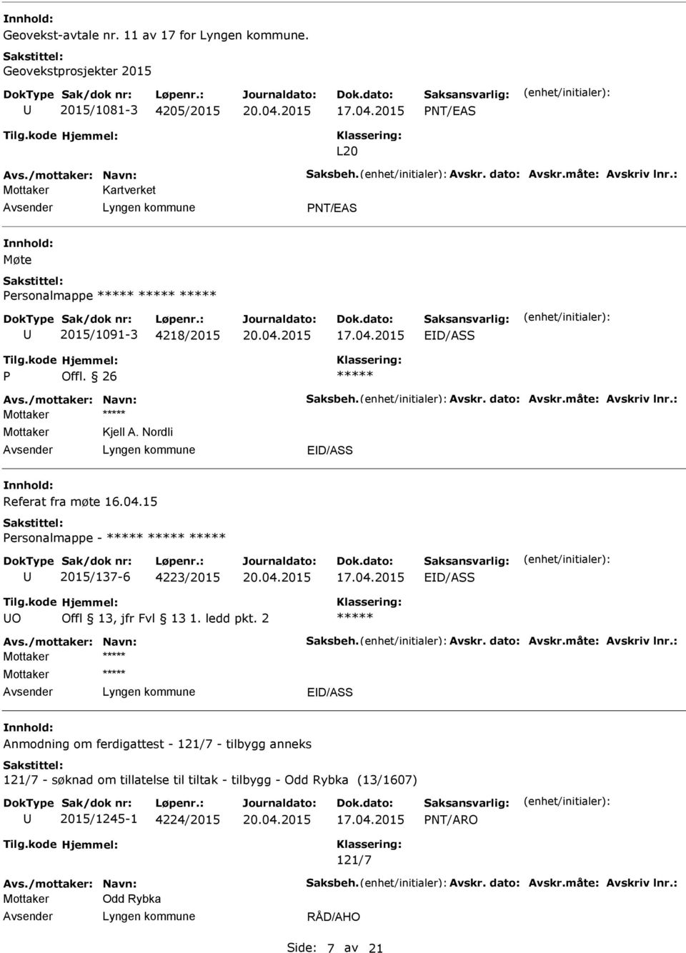 Nordli ED/ASS Referat fra møte 16.04.15 Personalmappe - 2015/137-6 4223/2015 ED/ASS O Offl 13, jfr Fvl 13 1. ledd pkt. 2 Avs./mottaker: Navn: Saksbeh. Avskr. dato: Avskr.måte: Avskriv lnr.