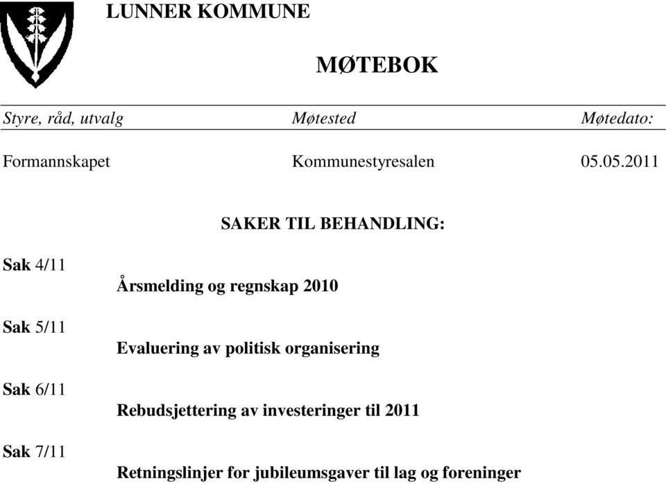 05.2011 SAKER TIL BEHANDLING: Sak 4/11 Sak 5/11 Sak 6/11 Sak 7/11 Årsmelding og