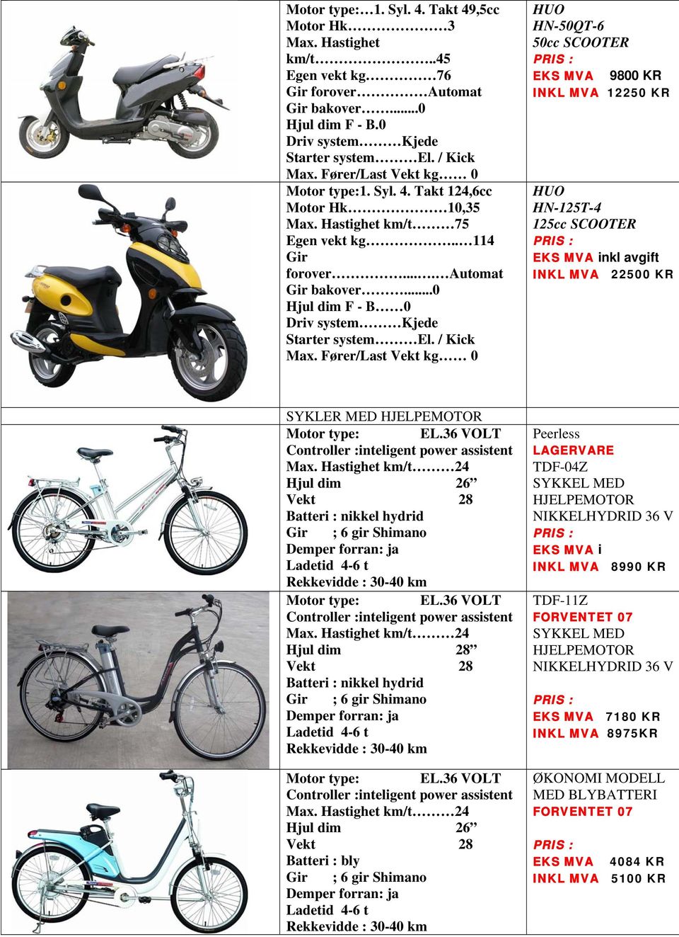 ..0 Hjul dim F - B 0 Driv system Kjede Starter system El. / Kick Max.