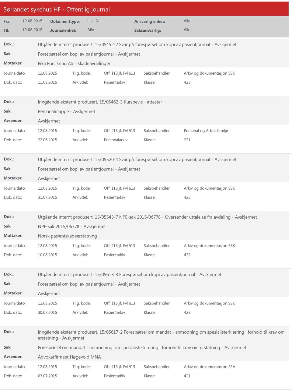 2015 Arkivdel: Personalarkiv Utgående internt produsert, 15/05520-4 Svar på forespørsel om kopi av pasientjournal - Forespørsel om kopi av pasientjournal - Dok. dato: 31.07.