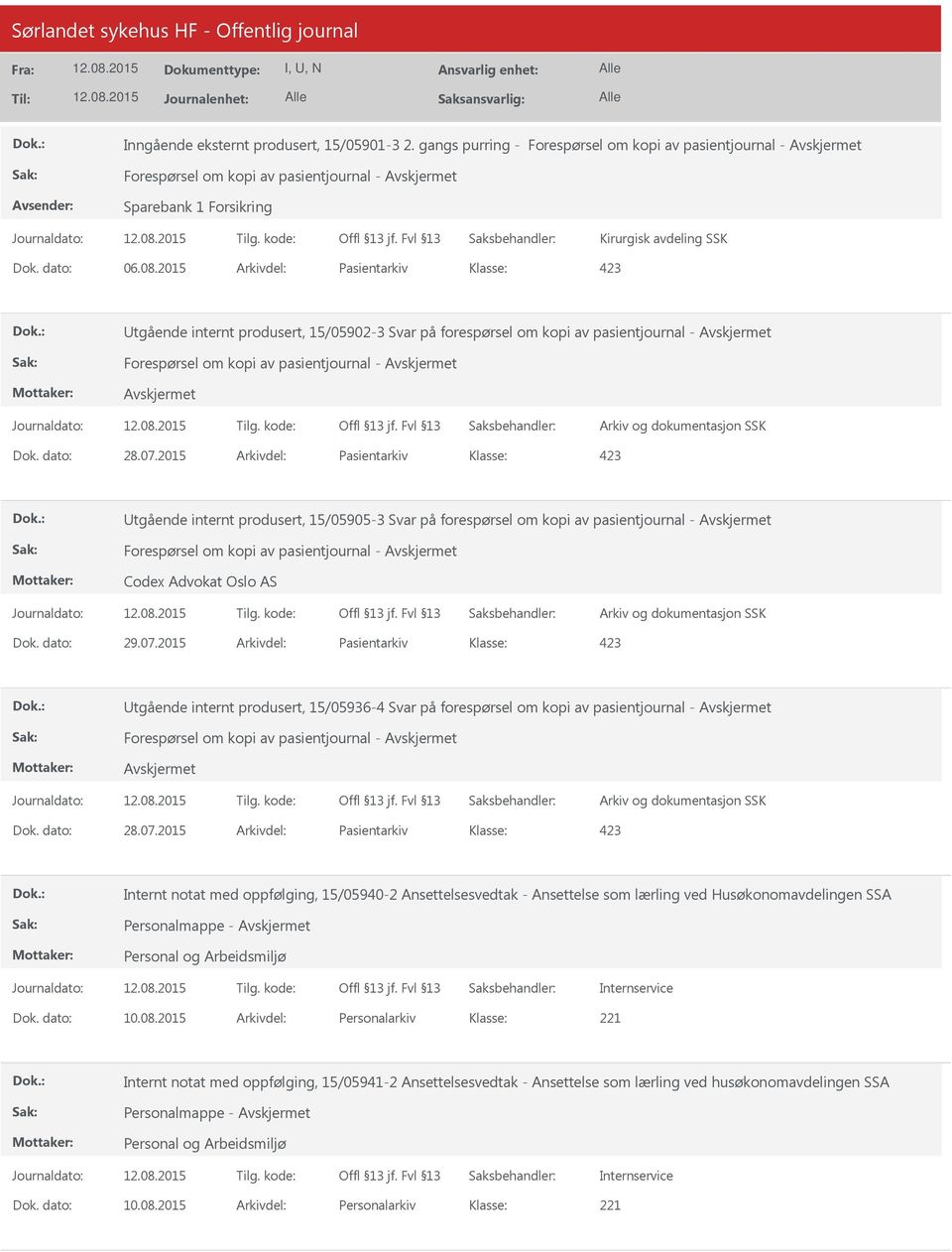 2015 Arkivdel: Pasientarkiv Utgående internt produsert, 15/05905-3 Svar på forespørsel om kopi av pasientjournal - Forespørsel om kopi av pasientjournal - Codex Advokat Oslo AS Dok. dato: 29.07.