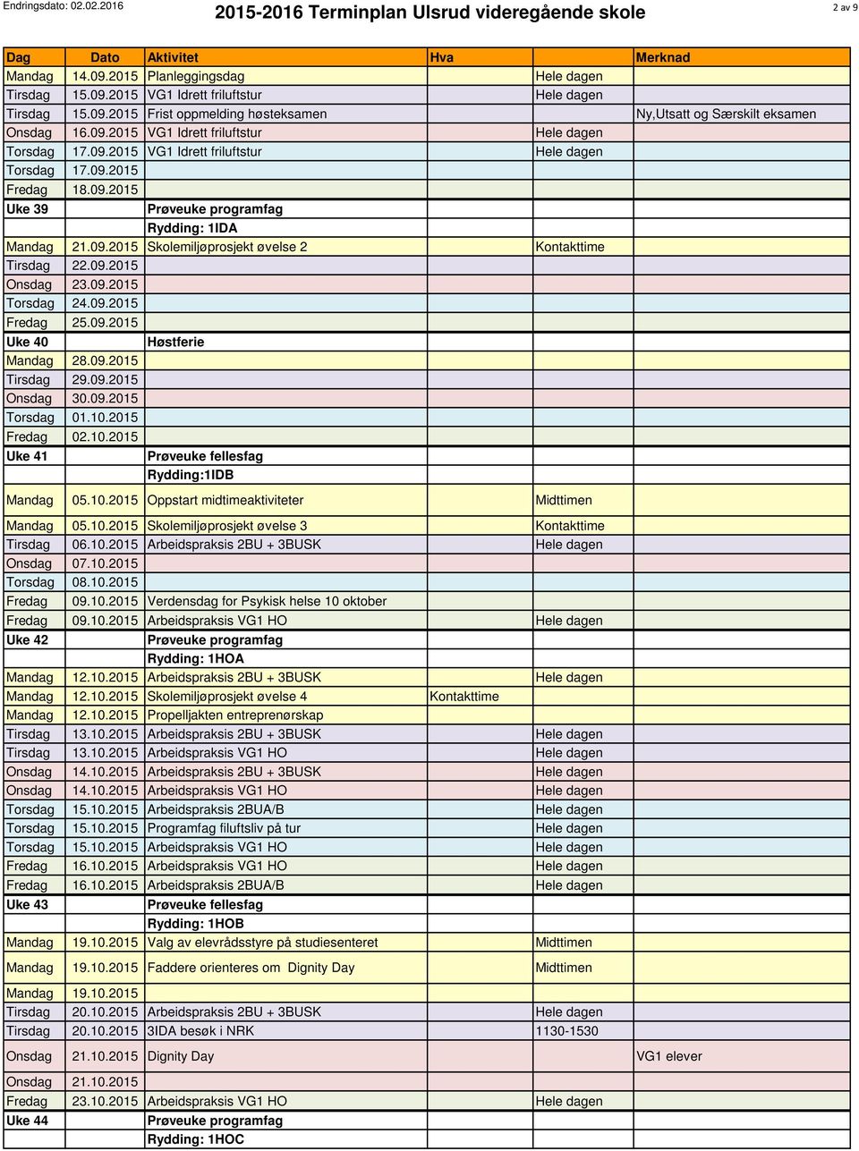 09.2015 Uke 40 Høstferie Mandag 28.09.2015 29.09.2015 Onsdag 30.09.2015 Torsdag 01.10.2015 02.10.2015 Uke 41 Rydding:1IDB Mandag 05.10.2015 Oppstart midtimeaktiviteter Midttimen Mandag 05.10.2015 Skolemiljøprosjekt øvelse 3 Kontakttime 06.