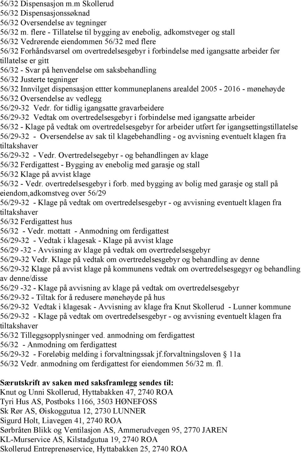 tillatelse er gitt 56/32 - Svar på henvendelse om saksbehandling 56/32 Justerte tegninger 56/32 Innvilget dispensasjon ettter kommuneplanens arealdel 2005-2016 - mønehøyde 56/32 Oversendelse av