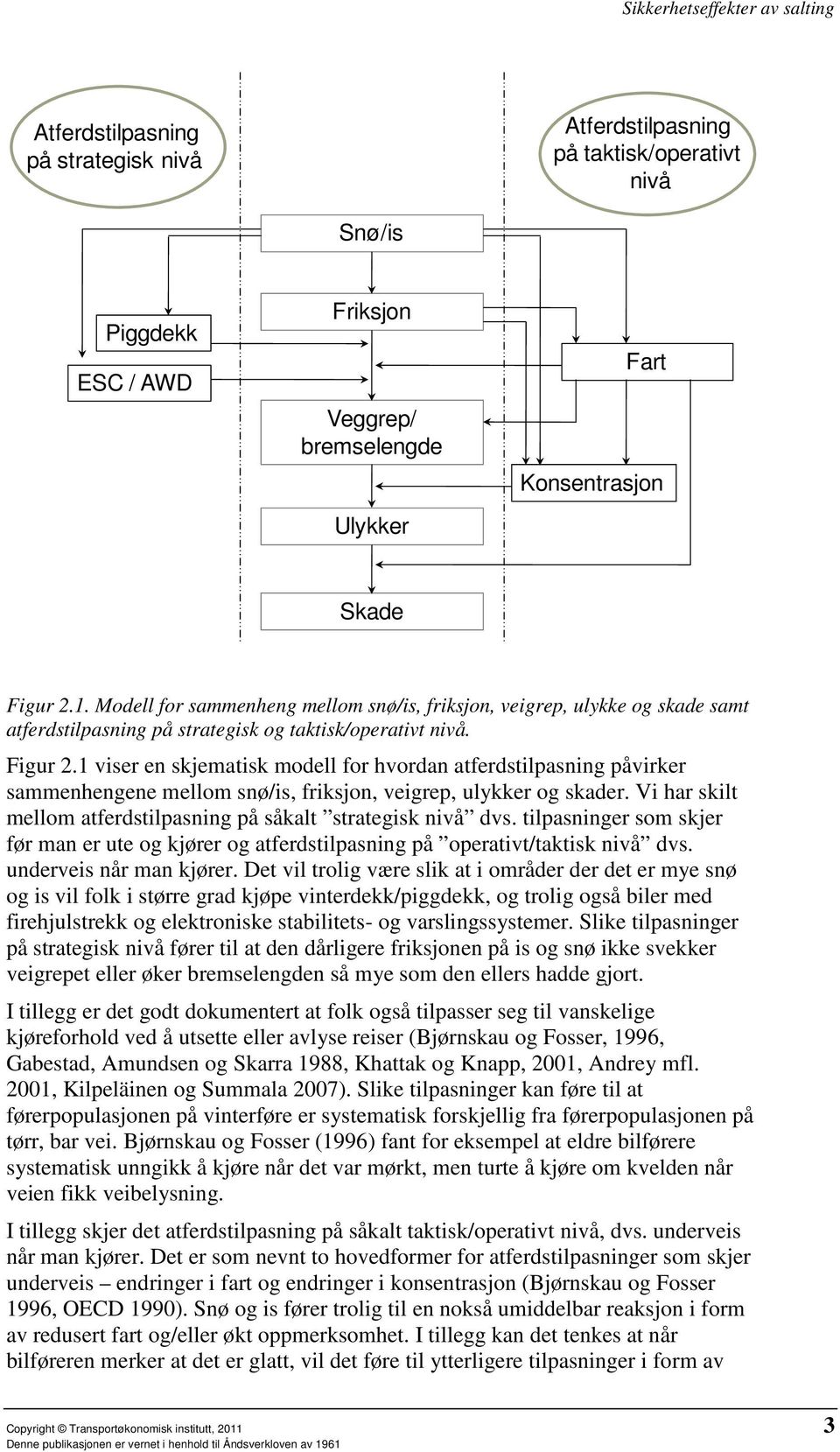 1 viser en skjematisk modell for hvordan atferdstilpasning påvirker sammenhengene mellom snø/is, friksjon, veigrep, ulykker og skader.