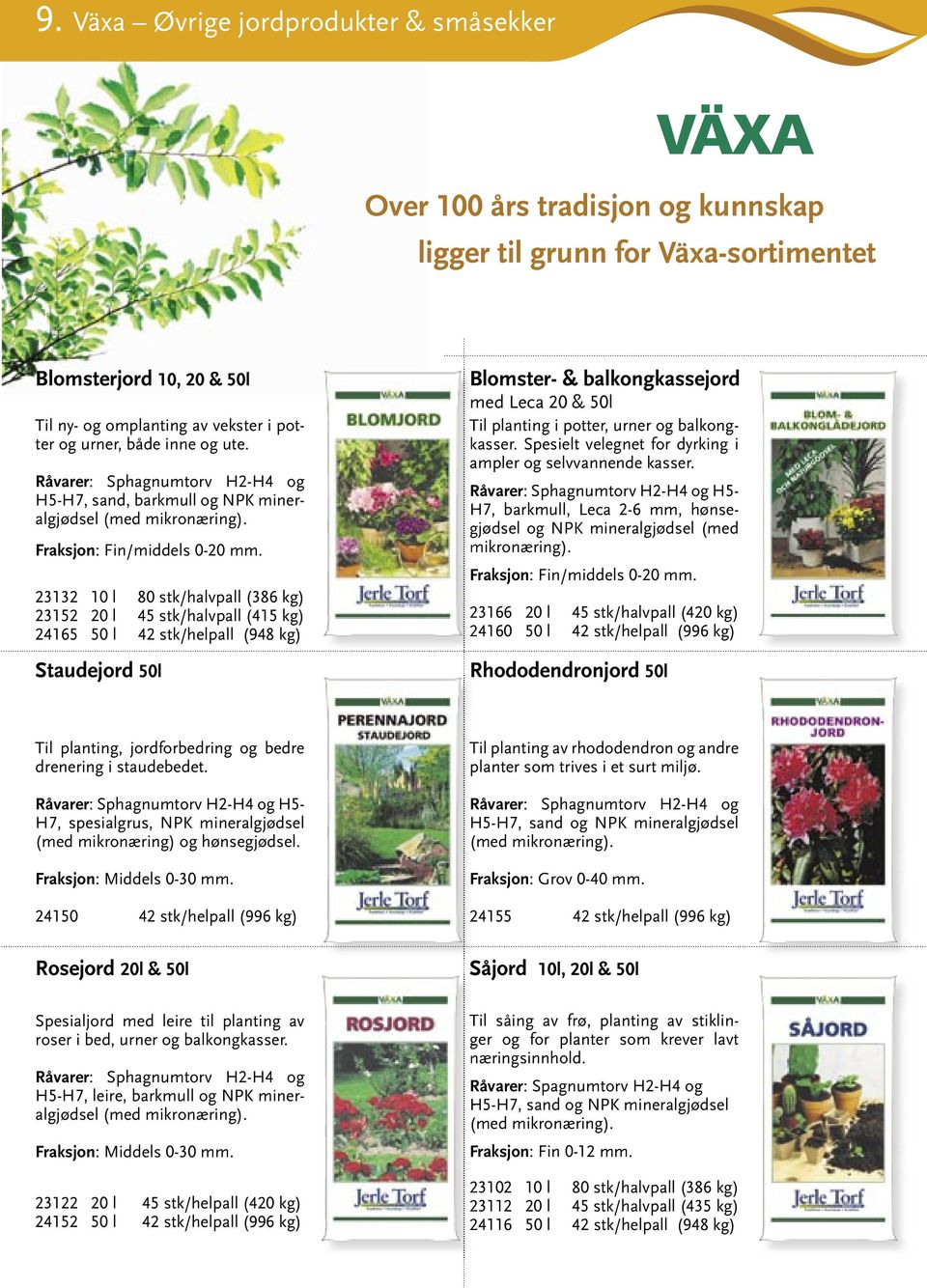 23132 10 l 80 stk/halvpall (386 kg) 23152 20 l 45 stk/halvpall (415 kg) 24165 50 l 42 stk/helpall (948 kg) Staudejord 50l Blomster- & balkongkassejord med Leca 20 & 50l Til planting i potter, urner