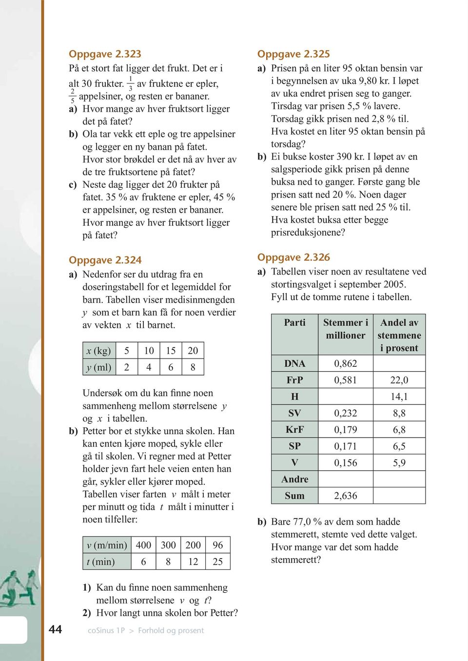 35 % av fruktene er epler, 45 % er appelsiner, og resten er bananer. Hvor mange av hver fruktsort ligger på fatet? Oppgave 2.