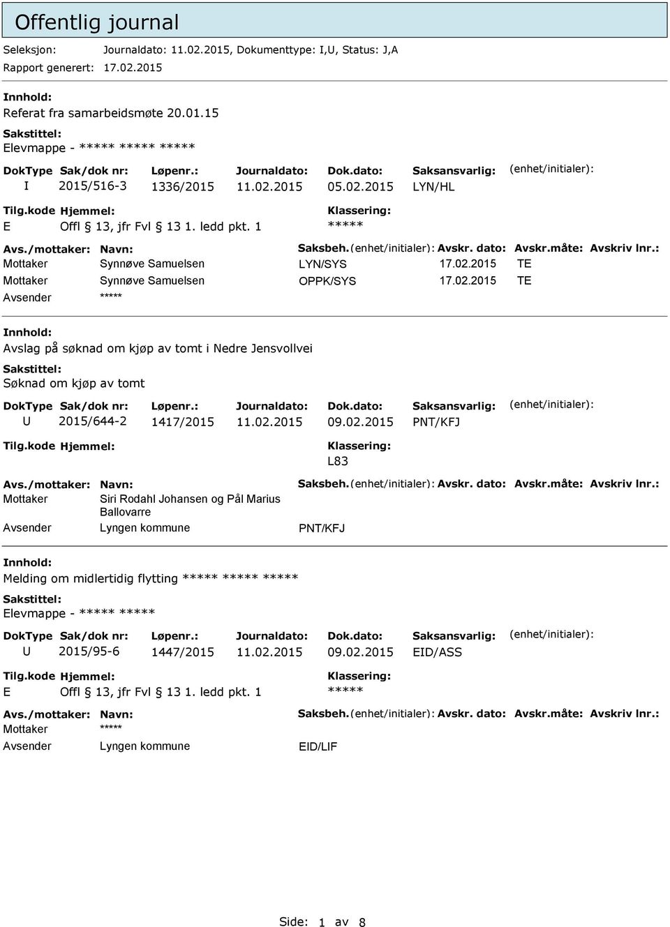 tomt i Nedre Jensvollvei Søknad om kjøp av tomt 2015/644-2 1417/2015 PNT/KFJ L83 Mottaker Siri Rodahl Johansen og Pål Marius