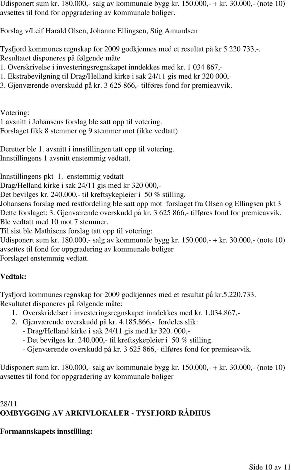 Overskrivelse i investeringsregnskapet inndekkes med kr. 1 034 867,- 1. Ekstrabevilgning til Drag/Helland kirke i sak 24/11 gis med kr 320 000,- 3. Gjenværende overskudd på kr.