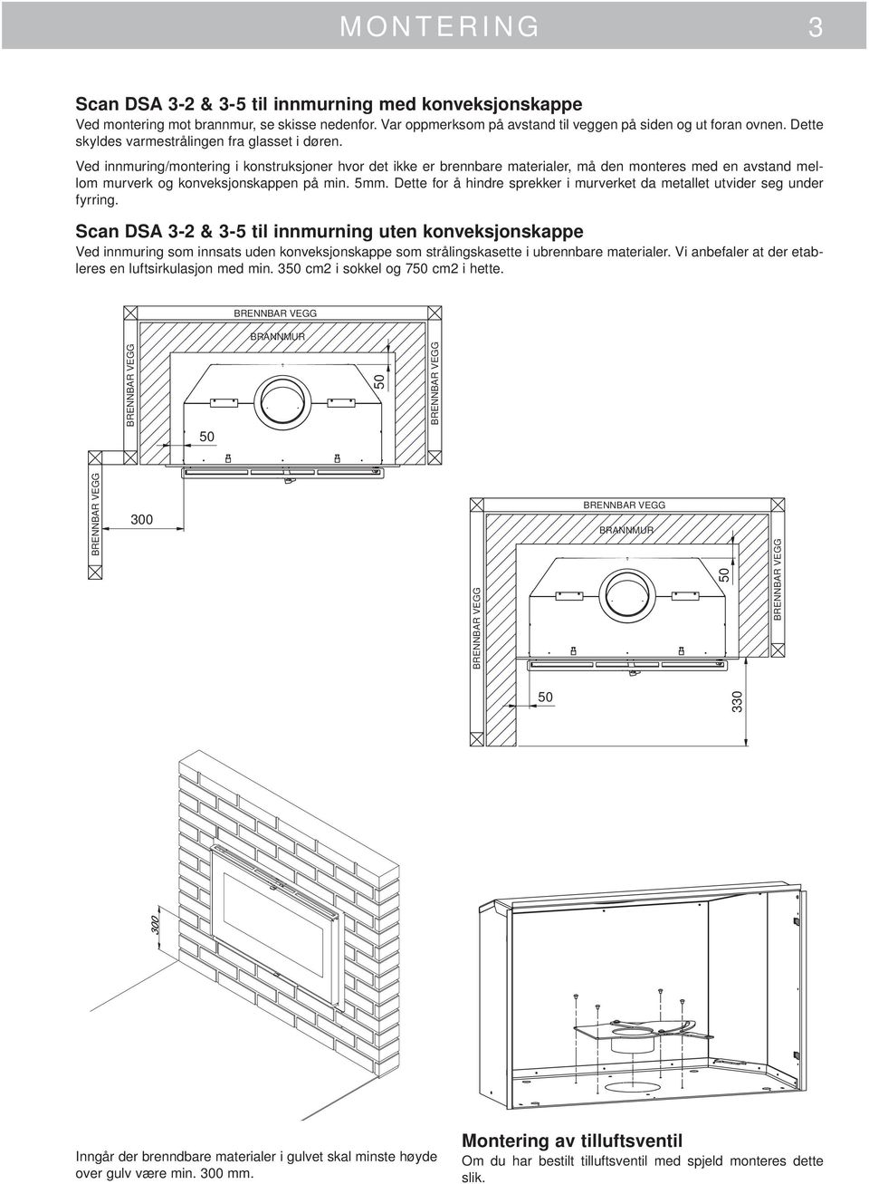 Ved innmuring/montering i konstruksjoner hvor det ikke er brennbare materialer, må den monteres med en avstand mellom murverk og konveksjonskappen på min. 5mm.