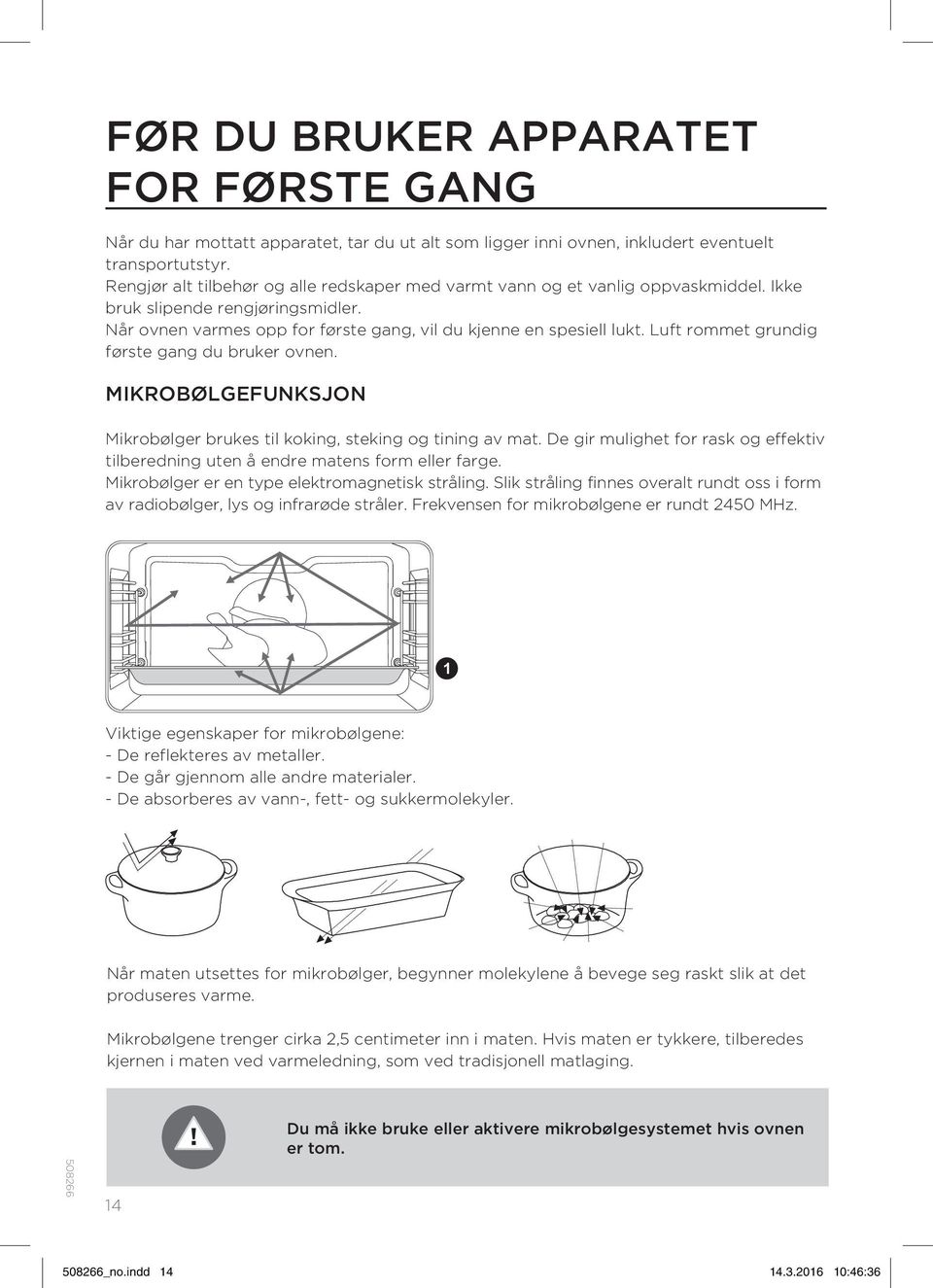 Luft rommet grundig første gang du bruker ovnen. MIKROBØLGEFUNKSJON Mikrobølger brukes til koking, steking og tining av mat.