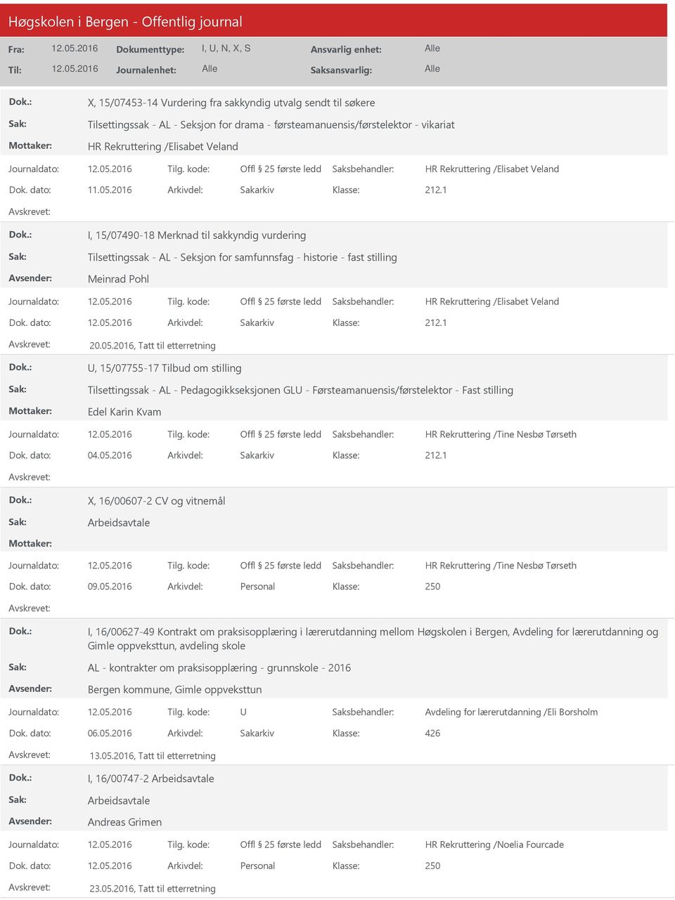 2016, Tatt til etterretning, 15/07755-17 Tilbud om stilling Tilsettingssak - AL - Pedagogikkseksjonen GL - Førsteamanuensis/førstelektor - Fast stilling Edel Karin Kvam X, 16/00607-2 CV og vitnemål