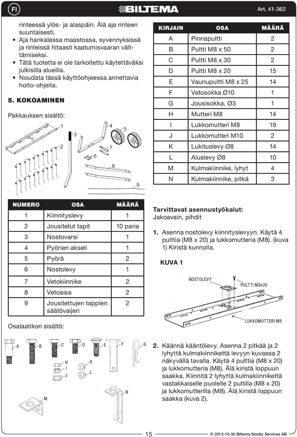 KOKOAMINEN Pakkauksen sisältö: Kirjain Osa Määrä A Pinnapultti 2 B Pultti M8 x 50 2 C Pultti M8 x 30 2 D Pultti M8 x 20 15 E Vaunupultti M8 x 25 14 F Vetosokka Ø10 1 G Jousisokka, Ø3 1 H Mutteri M8