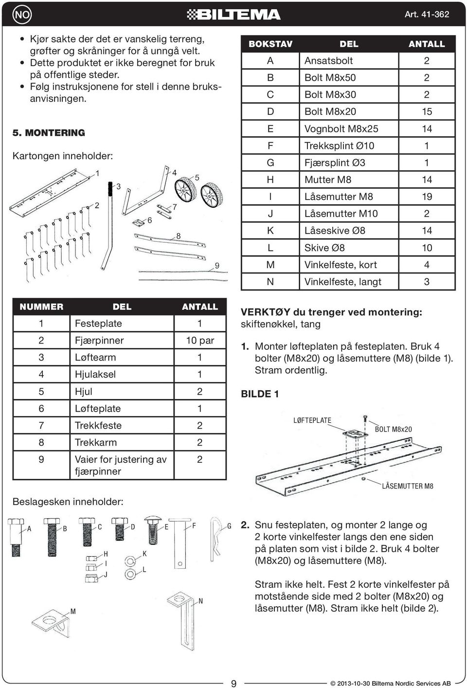 Låsemutter M8 19 J Låsemutter M10 2 K Låseskive Ø8 14 L Skive Ø8 10 M Vinkelfeste, kort 4 N Vinkelfeste, langt 3 Nummer Del Antall 1 Festeplate 1 2 Fjærpinner 10 par 3 Løftearm 1 4 Hjulaksel 1 5 Hjul