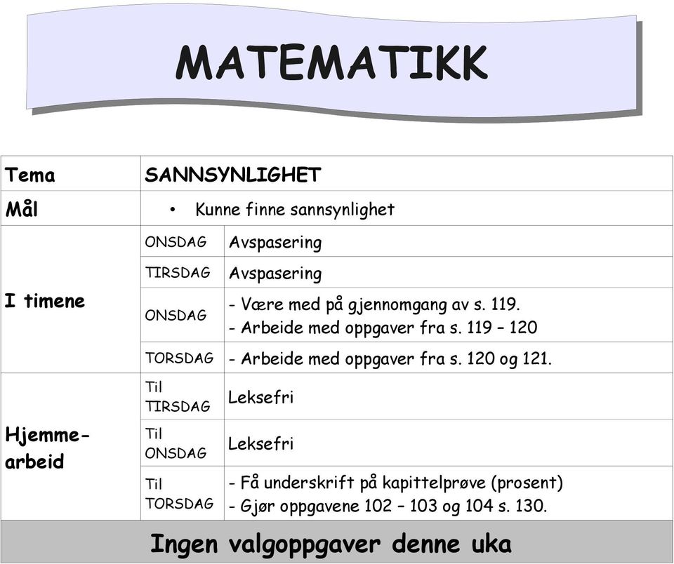 119 120 TORSDAG - Arbeide med oppgaver fra s. 120 og 121.