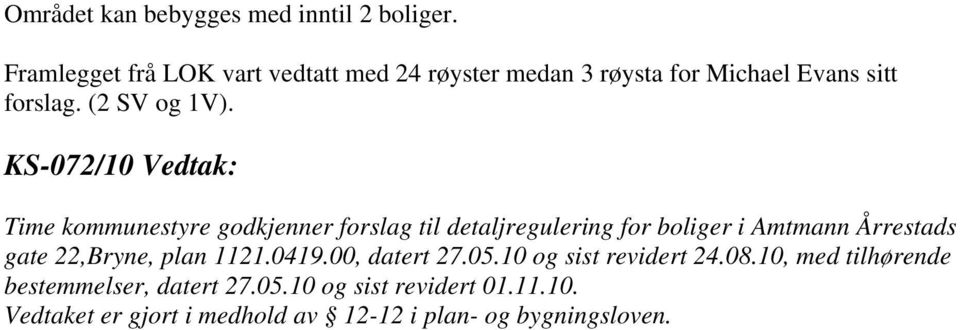 KS-072/10 Vedtak: Time kommunestyre godkjenner forslag til detaljregulering for boliger i Amtmann Årrestads gate