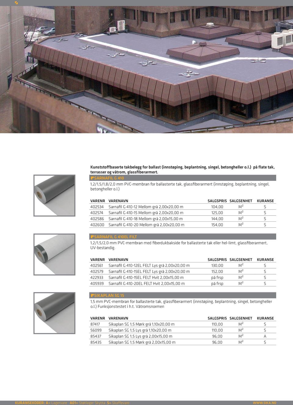 M² S 402574 Sarnafil G 410-15 Mellom grå 2,00x20,00 m 125,00 M² S 402586 Sarnafil G 410-18 Mellom grå 2,00x15,00 m 144,00 M² S 402600 Sarnafil G 410-20 Mellom grå 2,00x20,00 m 154,00 M² S